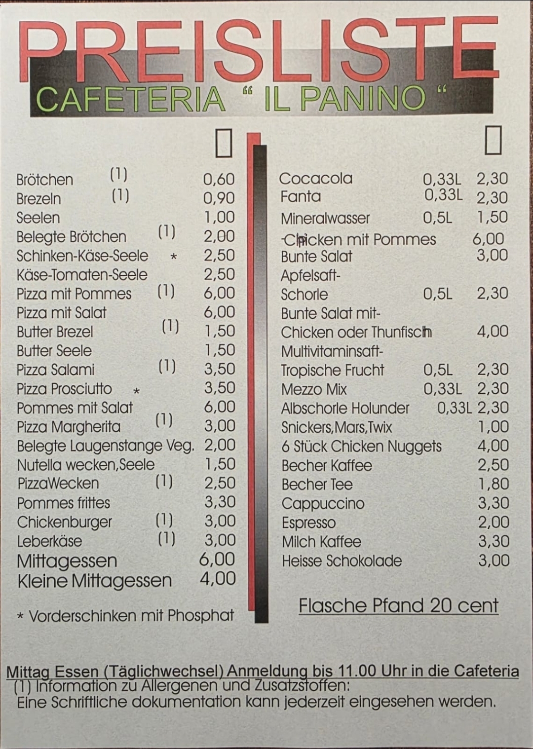 Panino Preisliste ab 09 25